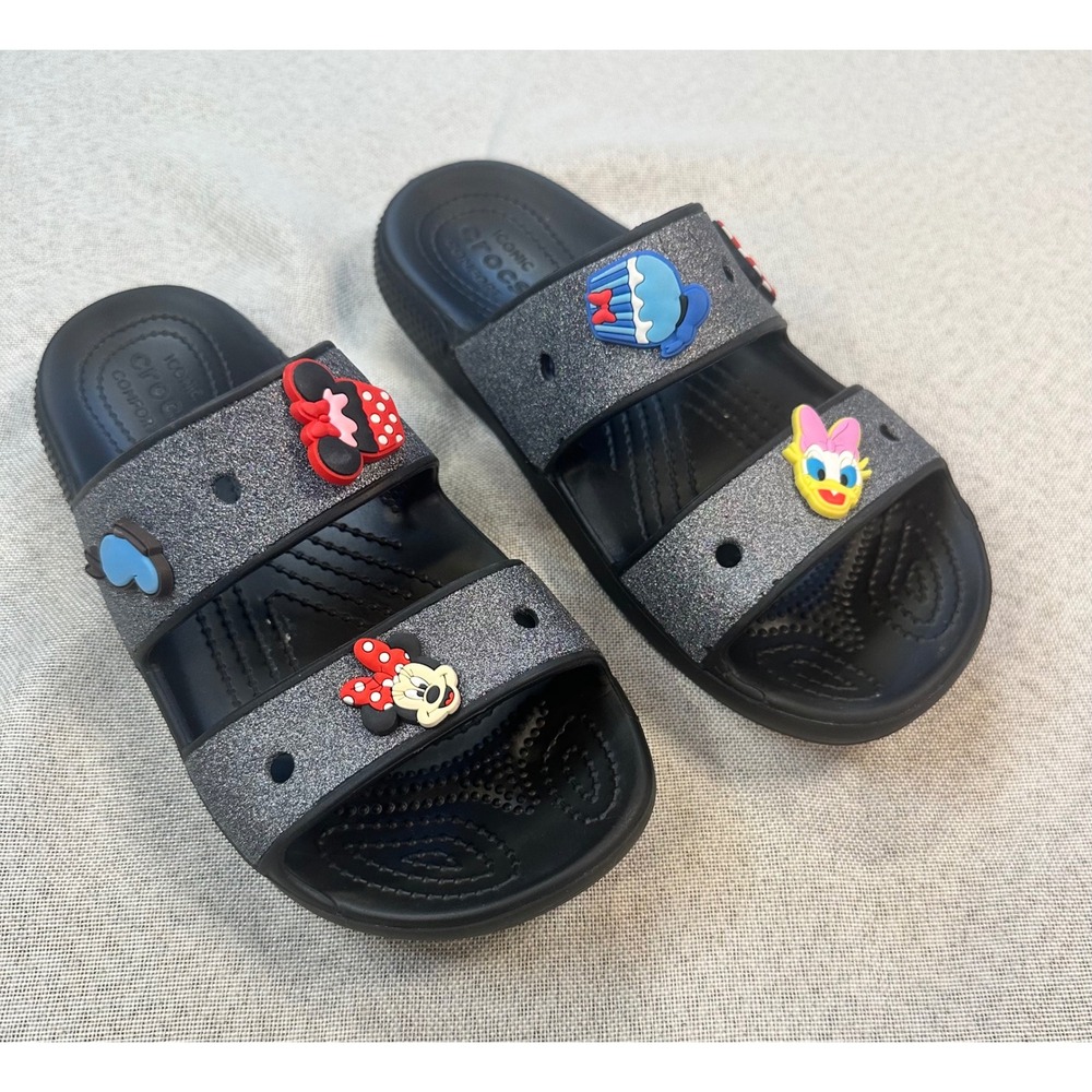 Crocs Classic Sandal Disney Minnie Daisy Glitter Black Silver Slides Womens 7